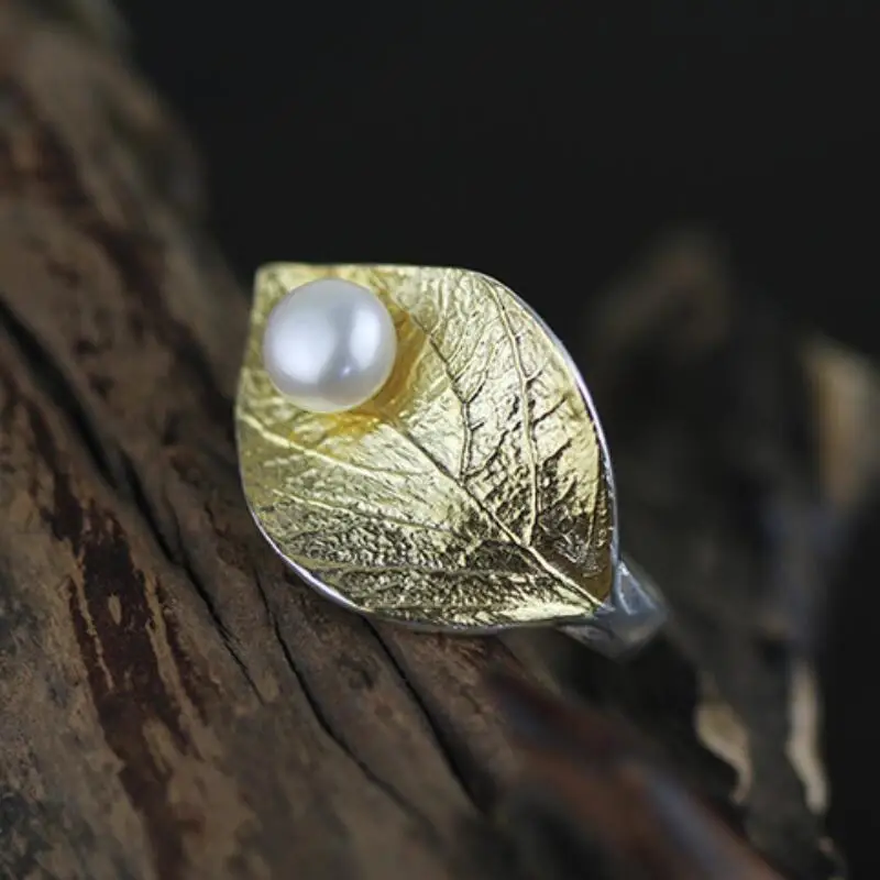 INATURE 925 пробы серебряные ювелирные изделия из натурального жемчуга винтажные кольца в виде листьев для женщин регулируемое кольцо - Цвет основного камня: Gold