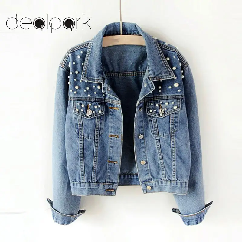 

Korean Fashion Jeans Jackets Women Denim Jackets Beads Button Long Sleeve Slim Streetwear female Jeans Coat Sprint Outfit Blue