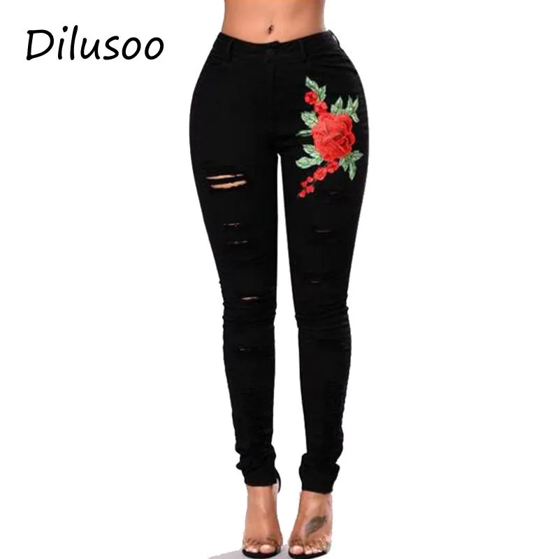Beste Dilusoo Vrouwen Embroiderey Jeans Broek Gaten Denim Potlood Broek vrouwen Casual 4 Seizoen Jeans Vrouwelijke Elastische Gescheurd Broek 2018