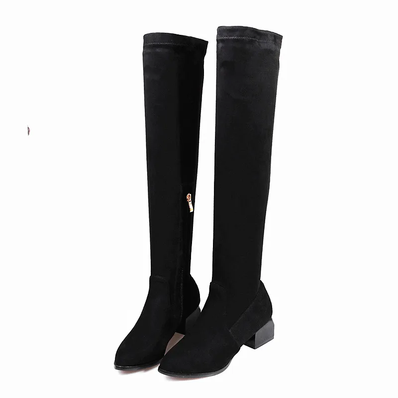 

2016 New Ladies Boots Fashion Slim Stretch Fabric Thigh High Boots Sexy Pointed Toe Low Heel Women Autumn Cuissardes Black Boots