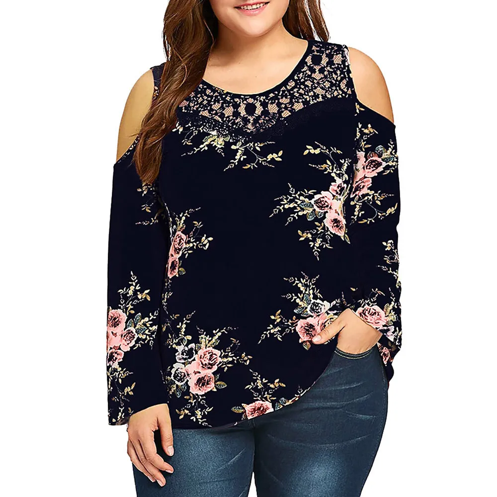 

Sexy Blouse Womens Plus Size Lace BlouseCold Shoulder Floral Printed Tops Grande Taille Femme Tallas Grandes Mujer Roupa