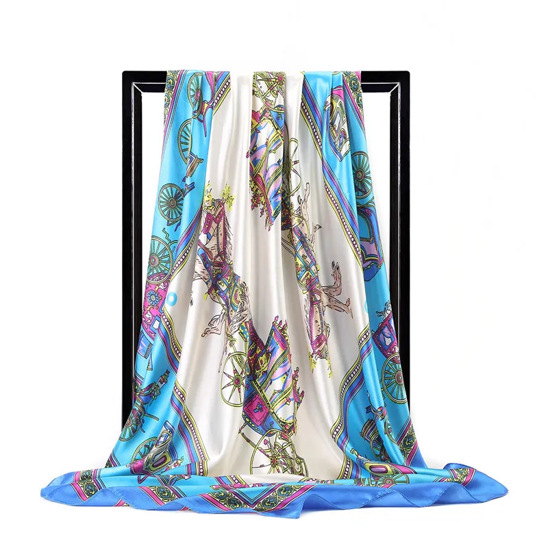 Женский шарф роскошный атласный большой квадратный конский хиджаб шелковая шаль платок с принтом квадратный шарф брендовый дизайн носовой платок 90x90 см