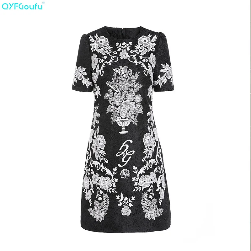 

QYFCIOUFU 2019 Summer Black Vintage Dress Women Short Sleeve Embroidery Runway Dress Fashions Luxury Elegant Club Party Dress