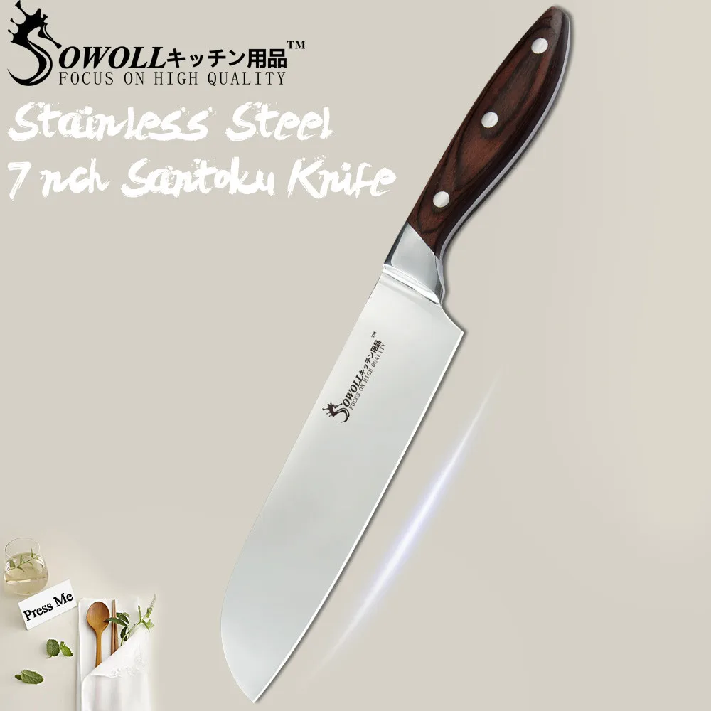 SOWOLL Stainless Steel Knife Kitchen Chef's Knife High Carbon Gyutou Nakiri Santoku Utility Knives Triple-Riveted Handle Tools - Цвет: C.7 inch santoku