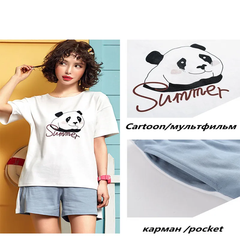 

2 Piece/Set Cute Panda Pajamas Set Women Soft Cotton Summer Sweet Pyjamas Female Shorts Shirt Stitch Lingerie 2019 Sleepwear