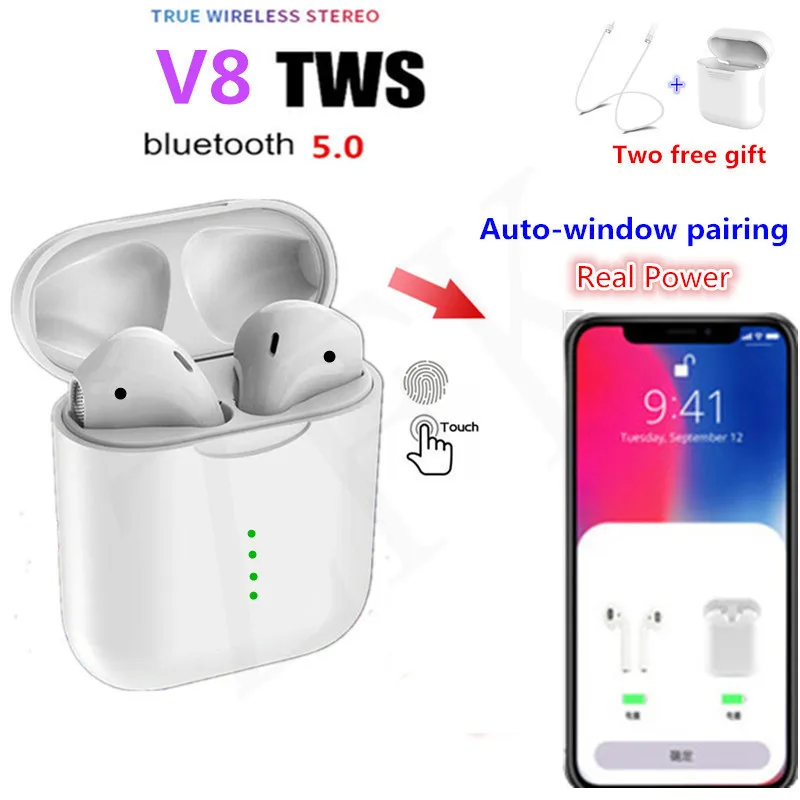 

TWS V8 TWS Pop-ups Bluetooth 5.0 Earphone Earbuds Wireless Earphones for all Smartphones PK W1 Chip i9S i10 i11 i12 i14 i16 i20