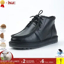 INOE real sheepskin wool fur lined men casual winter snow boots for man lace up winter shoes Beckham same style black waterproof