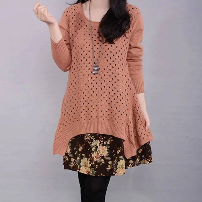 Autumn Winter Women's Long sleeve Knitted Floral Dress Loose Casual Party Dress