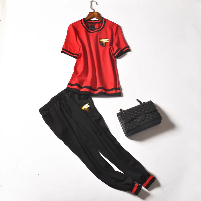 High Quality 2018 Designer Runway Suit Set Women Tracksuit Set Short Sleeve Bee Embroidery T-shirt Elastic Pencil Pants Set