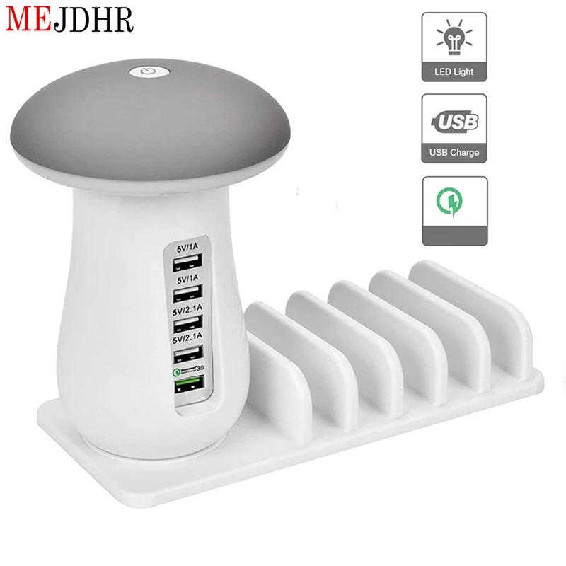 

Multi Port USB Charger Mushroom Night Lamp USB Charging Station Dock QC 3.0 Quick Charger for Mobile Phone and Tablet USB cable