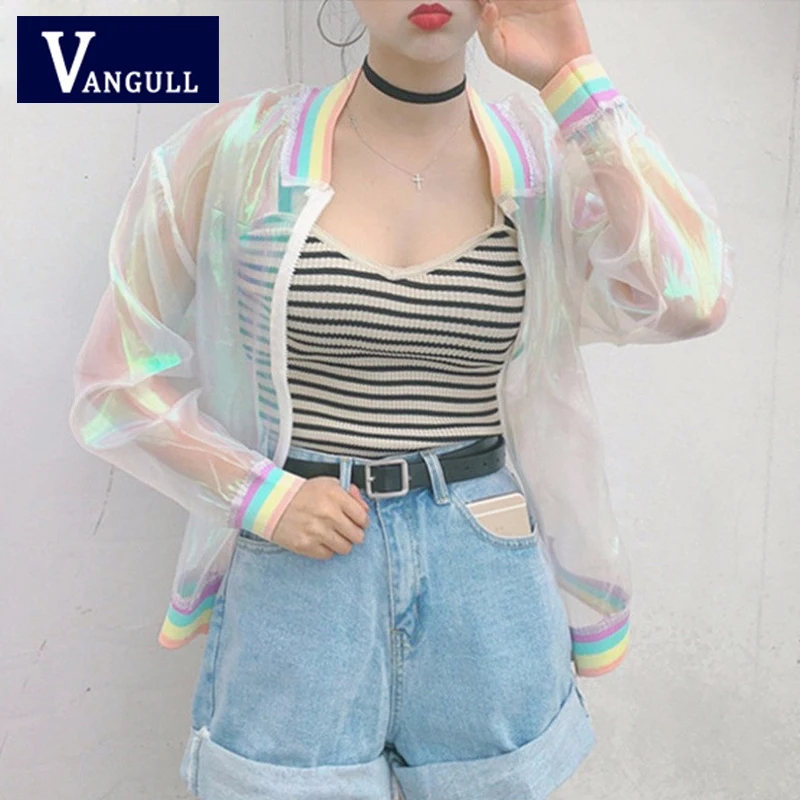 

2019 Summer Harajuku New Women Thin Sunproof Jackets Laser Rainbow Patchwork Ladies Coat Iridescent Transparent Bomber Jacket
