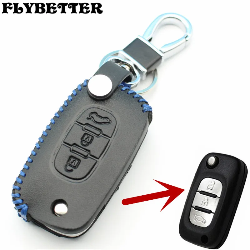 

FLYBETTER Genuine Leather Metal Keychain 3Button Flip Key Case Cover For Lada Sedan/Largus/Kalina/Granta/Vesta L2224