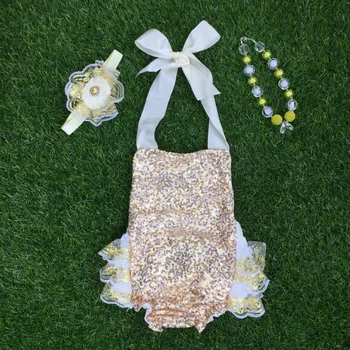 

baby girls Boutique Outfits Gold Sequins Lace Ruffle Bubble Romper infant clothing baby kids headband and chunky neclace set