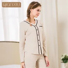 Qianxiu Весенняя Пижама для женщин карман удобные пижамы костюм пуговицы кружева с длинным рукавом Сексуальная ночная рубашка