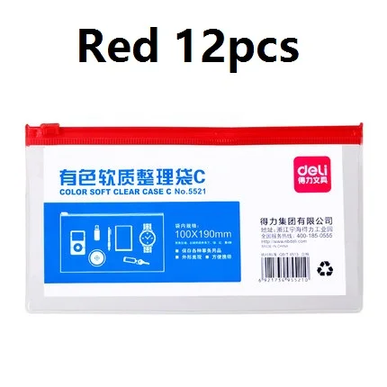 12 шт ПВХ цветной мягкий прозрачный чехол для документов сетка сумка на молнии однослойный 100x185 мм для подачи продуктов Deli 5521 - Цвет: Red 12pcs