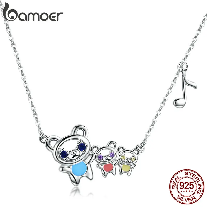 

BAMOER 100% 925 Sterling Silver Bear Family Colorful CZ Pendant Necklaces for Women Fashion Necklace Jewelry Making Gift BSN002