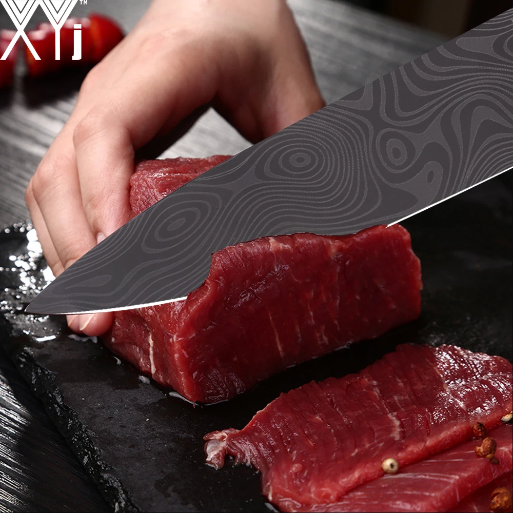 XYj нож из нержавеющей стали, кухонные ножи, нож для нарезки фруктов Santoku, нож для нарезки шеф-повара, дамасский нож с цветной деревянной ручкой, набор стальных ножей