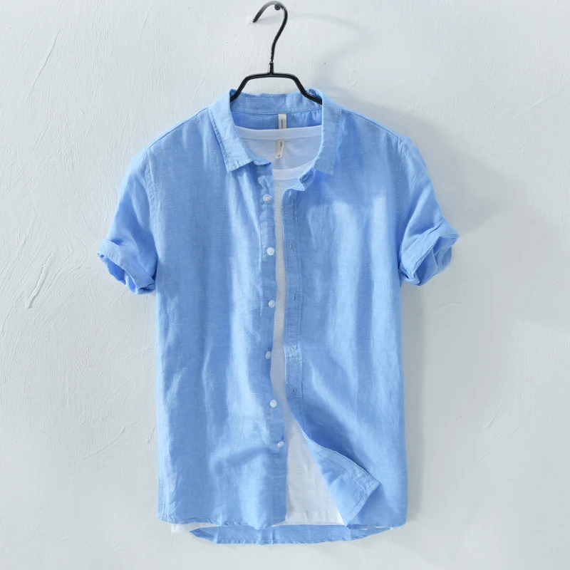

New style short sleeve summer men shirt linen solid blue shirts men casual fashion shirts male dropshipping chemise hommes