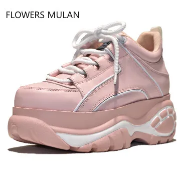 

Newest 2018 Zapatillas Mujer High Platform Sneaker For Women's Runways Pink Silver Genuine Leather High Heels Women Shoe