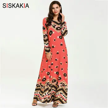 

Siskakia Womens Casual Long Dress Elegant Round Neck Long Sleeve Maxi Dresses Rose Red Print Muslim Eid Adha Clothes Young lady