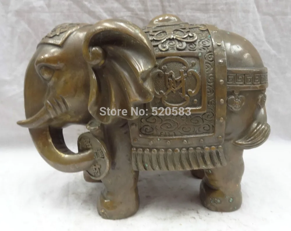 

11" Folk Chinese Bronze Copper Animals Wealth Coin Elephant Heffalump Statue