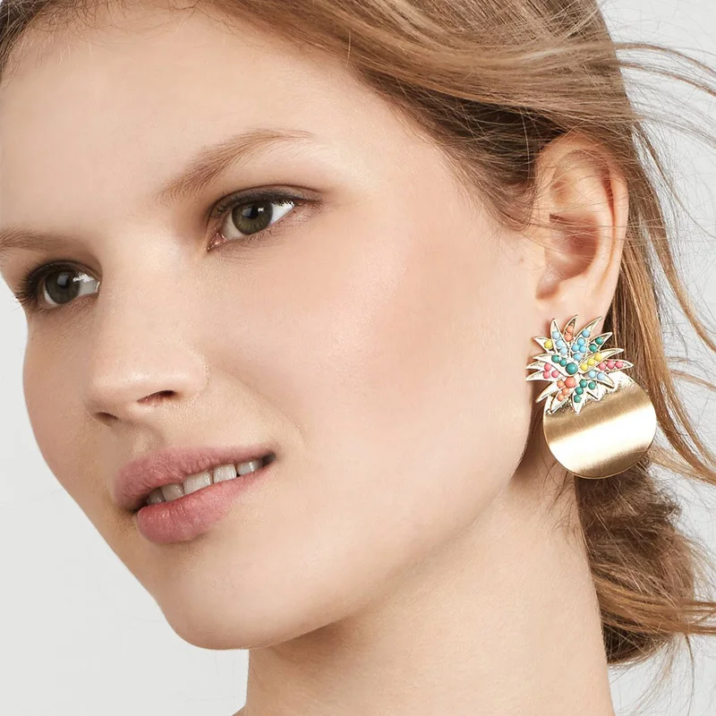 

Girlgo Fashion Metal Pineapple Stud Earrings Women Charm Jewelry Flower Statement Earrings Summer Gift For Girls Accessories