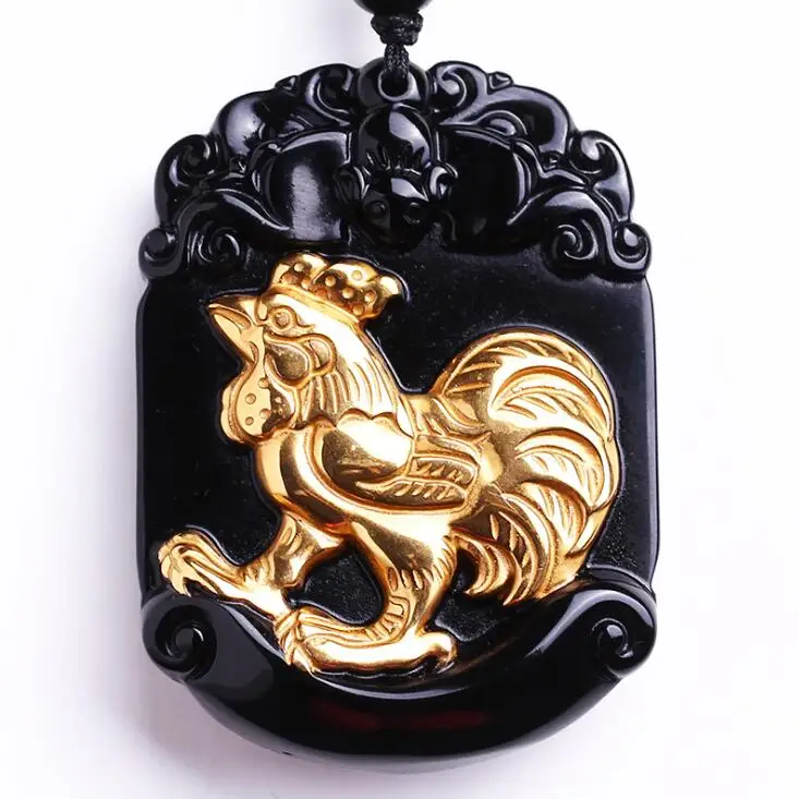 

Beautiful Natural Black Obsidian Carved Gold Color Chinese Zodiac Cock Lucky Amulet Pendant + free Necklace fashion Jewelry