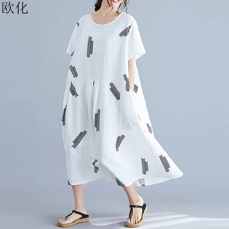 

Plus Size Summer Maxi Cotton Dress Women Robe Vintage Short Sleeve Linen Long Dresses Ladies Loose Casual Print Sundress Vestido