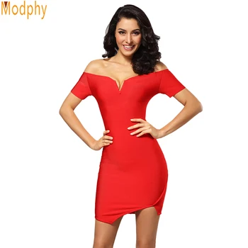 

Designer dresses runway 2018 high quality sexy v neck off shoulder mini red bodycon bandage club party winter vestido HL893