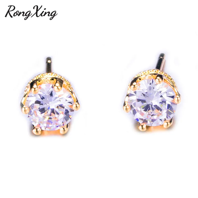 Rongxing старинный 925 серебро/золото/однотонный цвет розовое золото круглые серьги-гвоздики AAA белый цирконий April серьги из камня подарки Ear0820