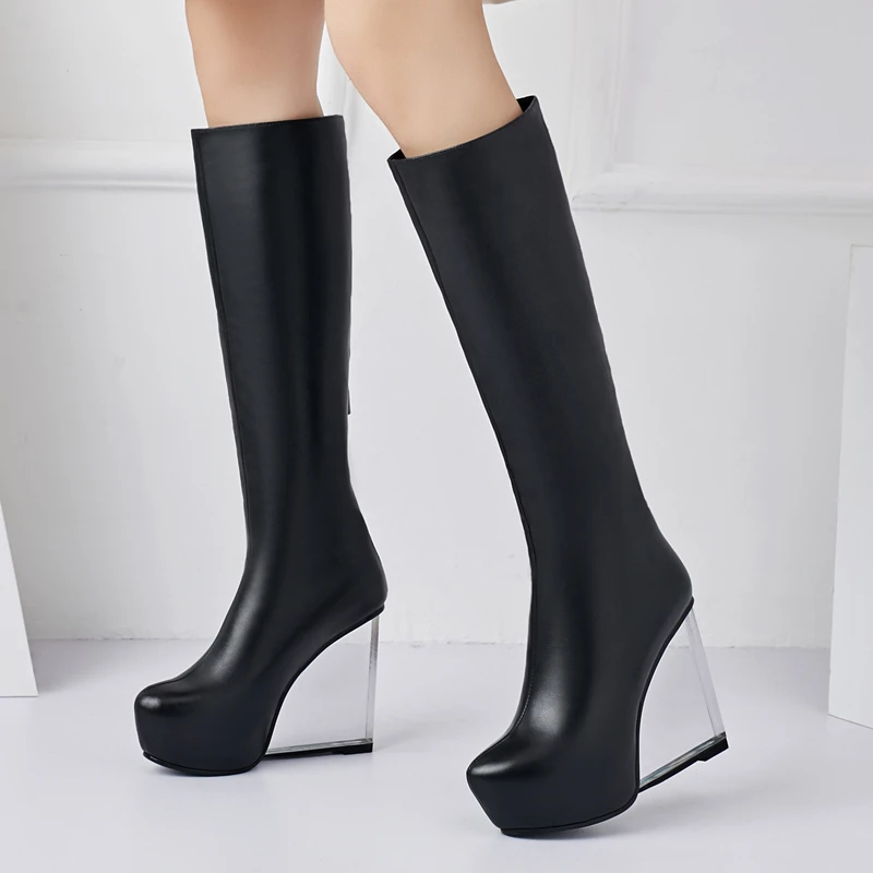 Chic Black Cuñas Marca De Las Diseño Cuero Buonoscarpe Genuino Alto Botas white Largas Transparente Zapatos Tacones Tacón Mujeres Plataforma a8T5xw6