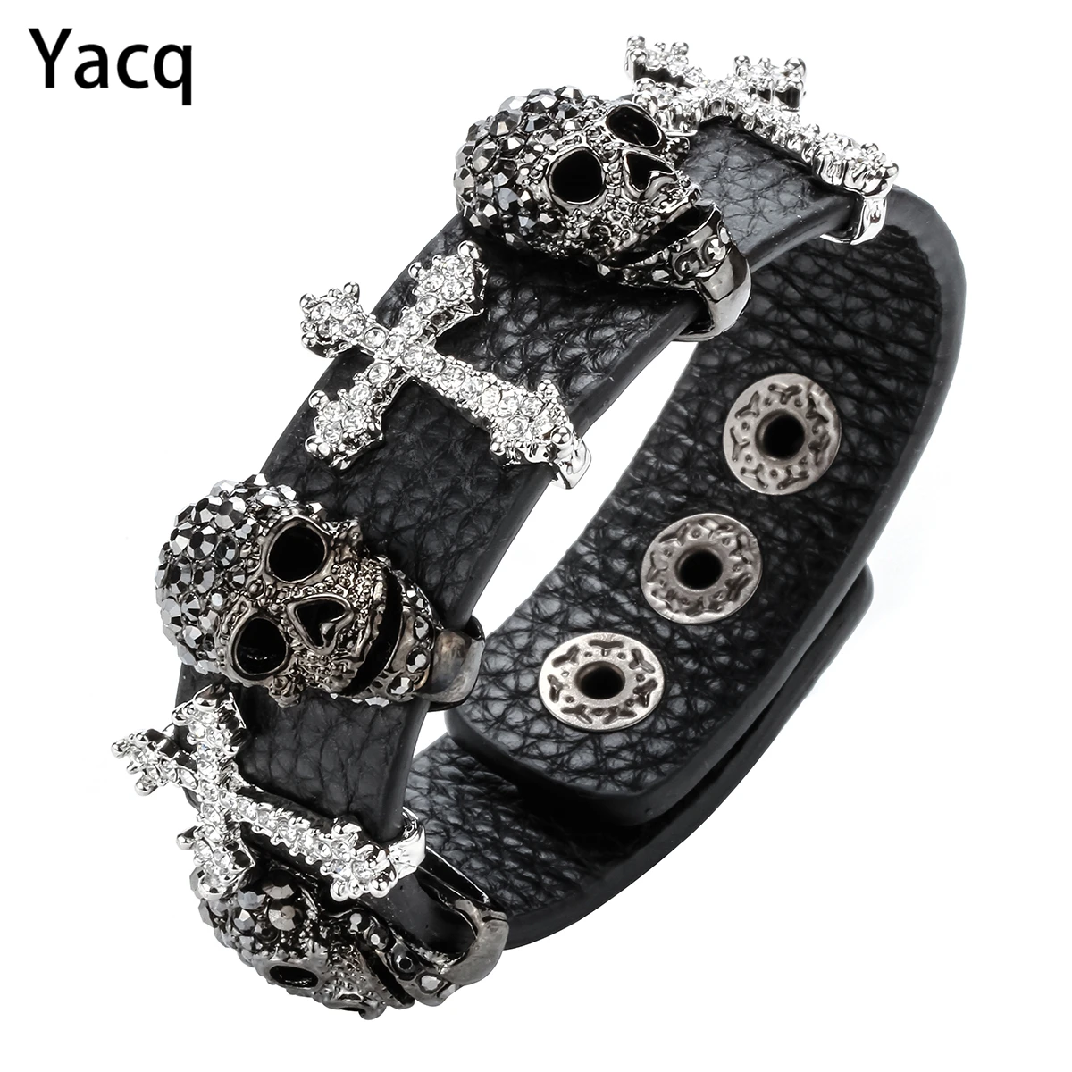 YACQ черный кожаный череп крест браслет для женщин Кристалл Регулируемый браслет панк Байкер Ювелирные изделия Подарки ее мама девушка LD03 дропшиппинг