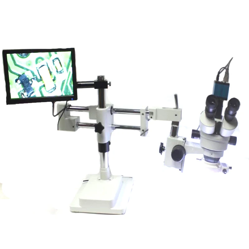 

7X-45X Simul-focal Trinocular Stereo Zoom Microscope with Double Arm Boom Stand+10.1 inch monitor +1080P HDMI camera