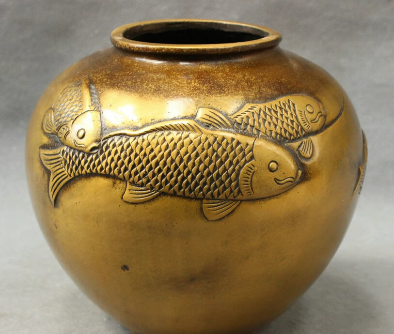 

S3469 Folk Chinese Bronze Buddhism Wealth Lively Fish Statue Jug Jar Pot Vase Tank D0317