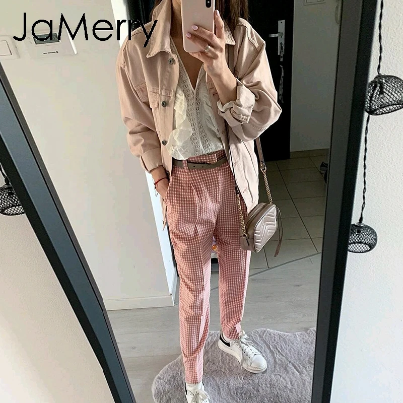 Женские винтажные клетчатые повседневные брюки JaMerry розовые рабочие Брюки Капри
