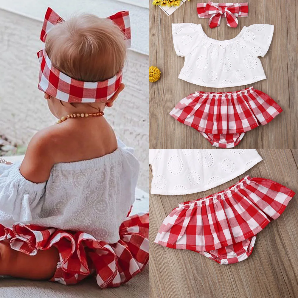 best Baby Clothing Set 0-24M 3pcs Baby Girls Clothes Set Solid White Off Shoulder Shirt Tops Red Plaid Skirts Girls Hairband Kids Set Baby Girl Outfits Baby Clothing Set luxury