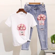 Amolapha, женская футболка с коротким рукавом, расшитая блестками, с рисунком флаконов духов, 3D цветов+ укороченные джинсы, комплект одежды из 2 предметов