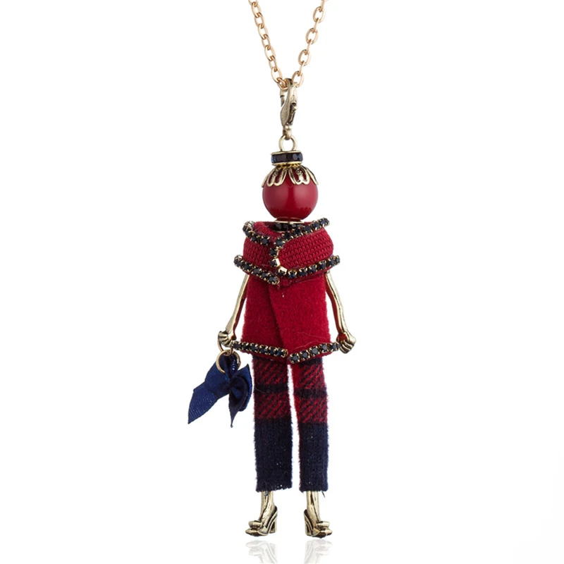 

Wine Red Yarn Shawl Pants Doll Big Choker Necklace Cute Paris Girl Pendant Long Sweater Necklace For Women Jewelry Collier Femme