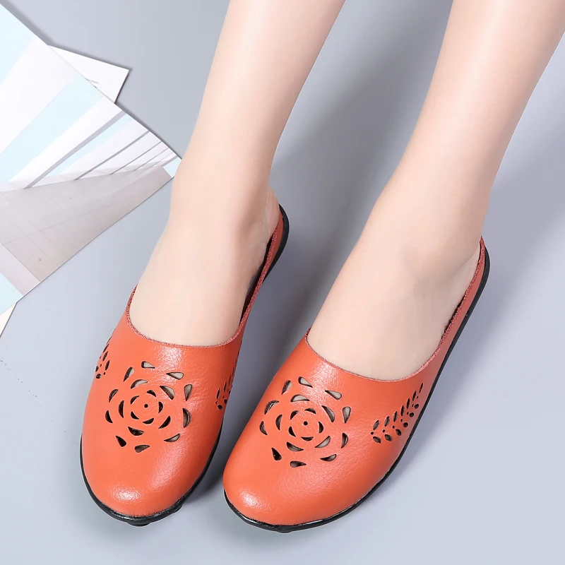 Casual Summer Shoes Woman Genuine Leather Flats Women Hollow Women's Loafers Female Solid Shoe Large Size 35-44 n794