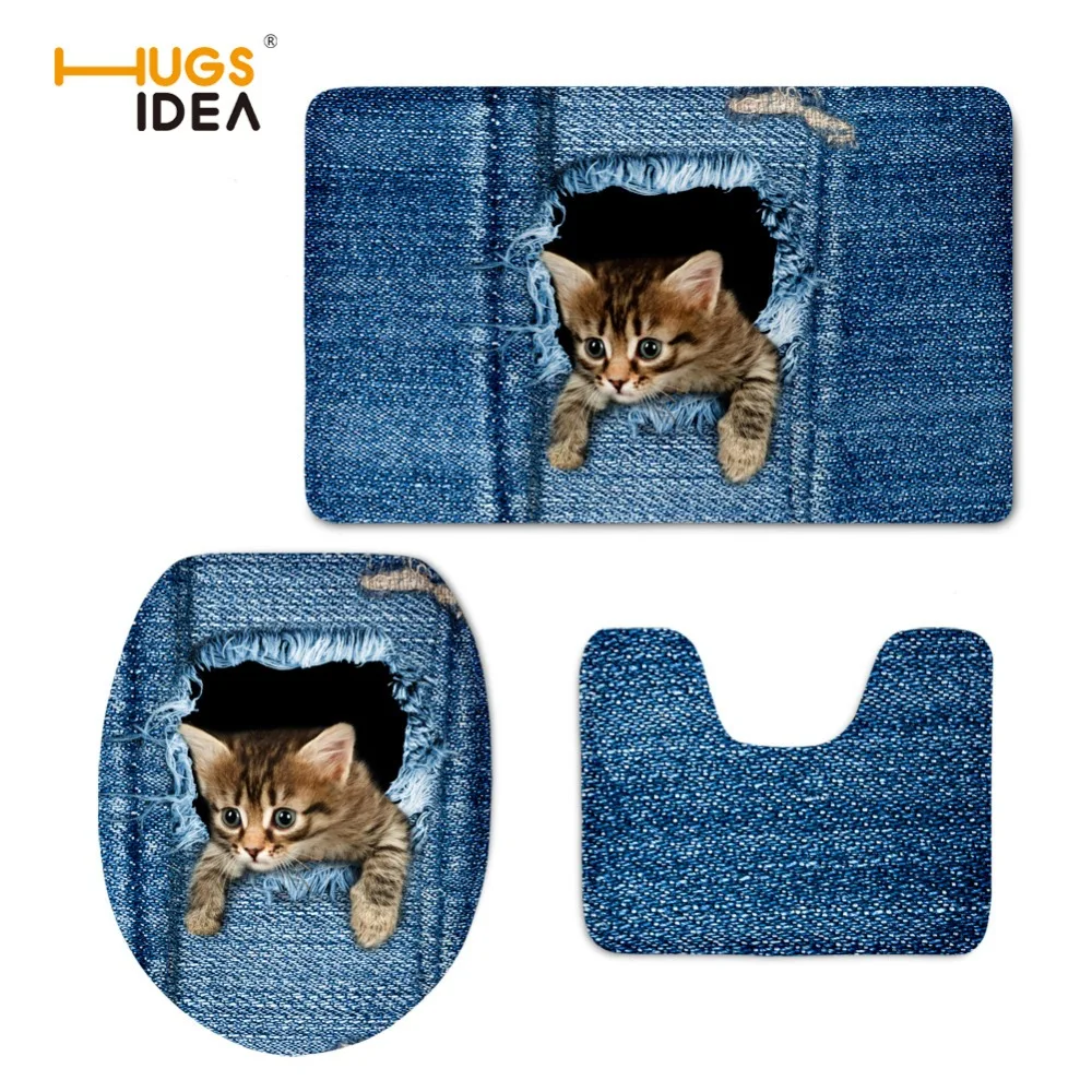 

HUGSIDEA Funny Washable Toilet Seat Case Warmer Print Denim Cat Carpet Toilet Seat Cover Soft Thick Comfortable WC Mat Pad