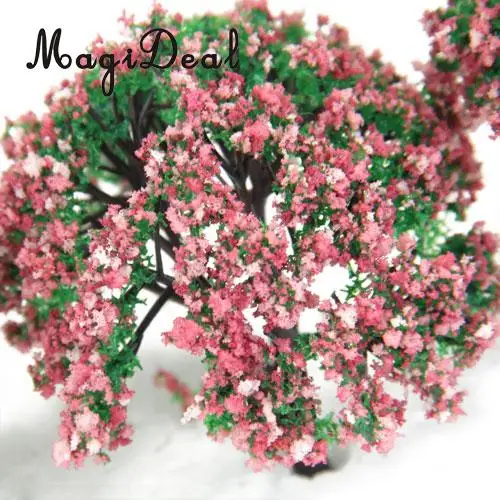 MagiDeal 4Pcs/Lot Plastic Scenery Landscape Model Trees with Peach Flowers for Railroad Layout Garden Decor Doll Weddings Trees