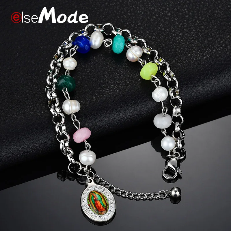 ELSEMODE Religion Virgin Mary pendant Bracelet Stainless Steel Charm CZ