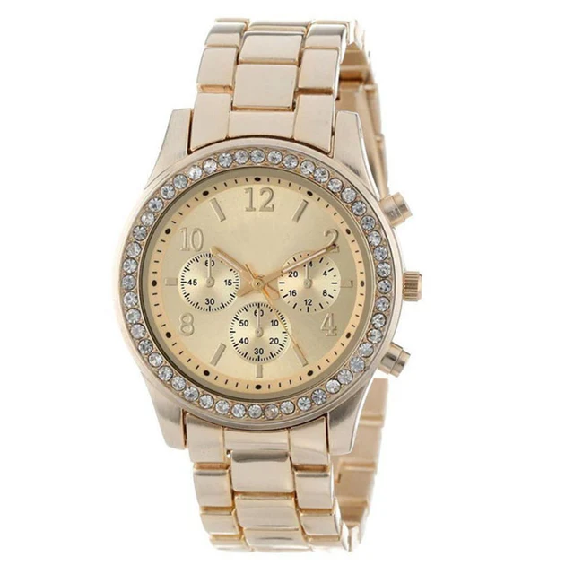 Faux Chronograph Quartz Plated Classic Round Ladies Women Crystals ...