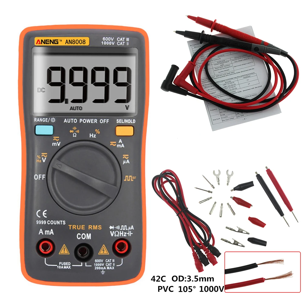 

AN8008 Orange True-RMS Digital Multimeter 9999 counts Auto/Manual Square Wave Backlight AC DC Voltage Ammeter Current Ohm