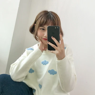 Женский свитер Kawaii Ulzzang в винтажном стиле для колледжа, свободный свитер с облаками, женский корейский панк толстый милый свободный свитер Harajuku, одежда для женщин - Цвет: Белый