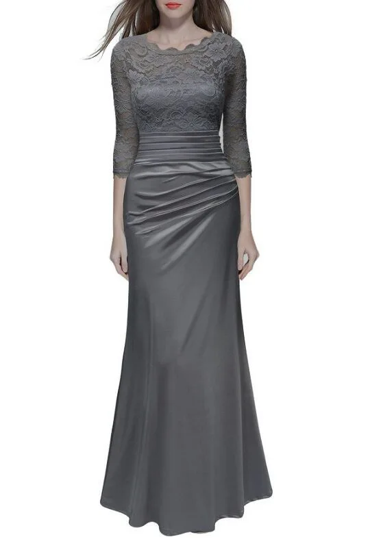 Backlake New Arrivals Satin Mother Of The Bride Dresses Lace Mid Sleeve With Zipper Back Design Sheath Dress Floor Length - Цвет: gray