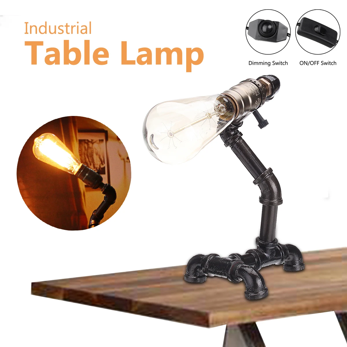 

Vintage Industrial Rustic Metal Pipe Desk Lighting Table LED Lamps Dimmer for Bedroom Night Book Reading Study Novelty Light