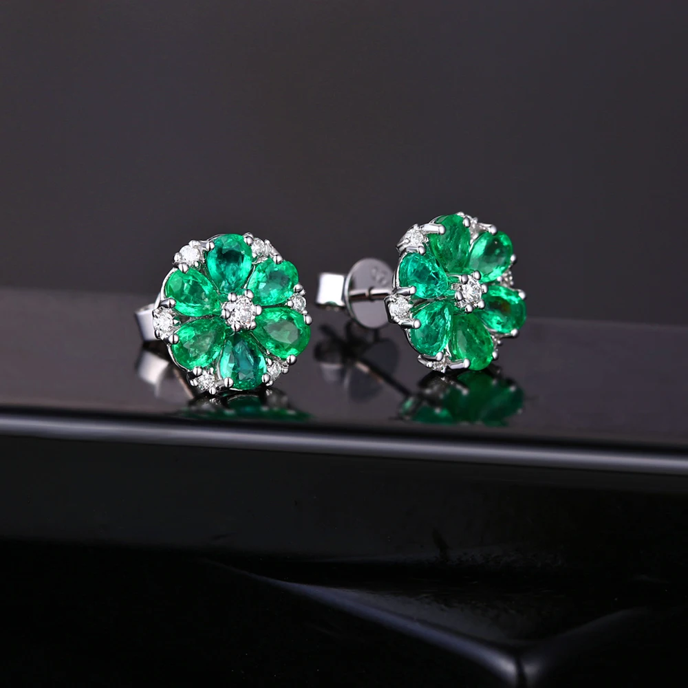 Caimao 14k Gold Natural 1.78ct Emerald & H SI Diamond Engagement Wedding Earring Studs for Women