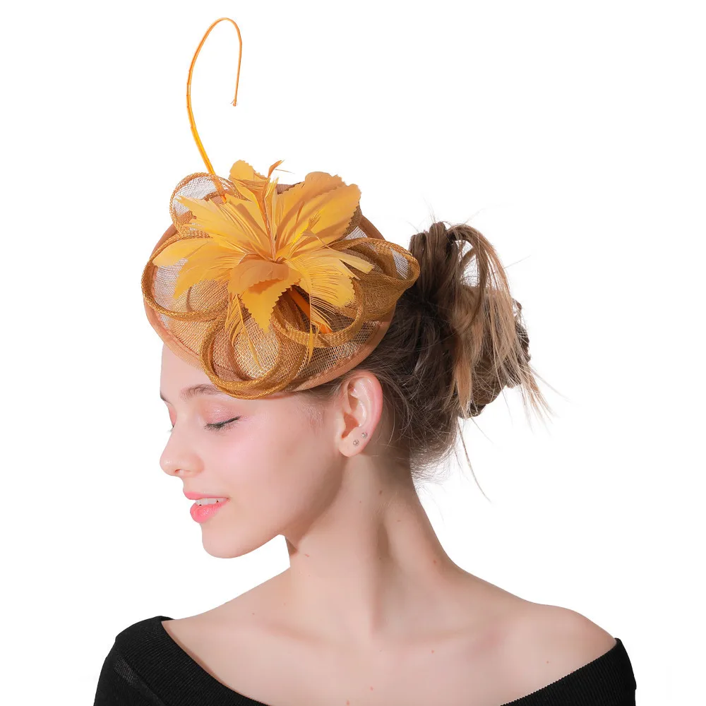 

Women gold wedding hats sinamay fascinators headbands female party headwear bridal royal flower feathers hair accessories XMF85