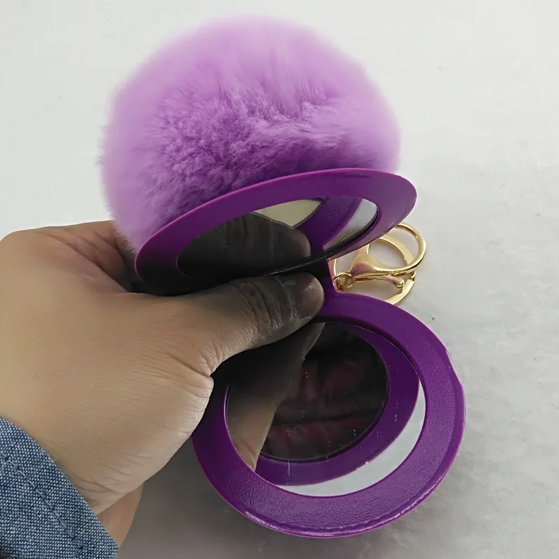 

LE SKY Fluffy Pompom Rabbit Fur Ball Keychain Mini Mirror Car Key Ring Key Holder Women Handbag Charm Accessories Jewelry Gift